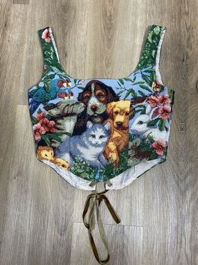 Lace Up Tapestry Corset Style Crop Top with cute animal print